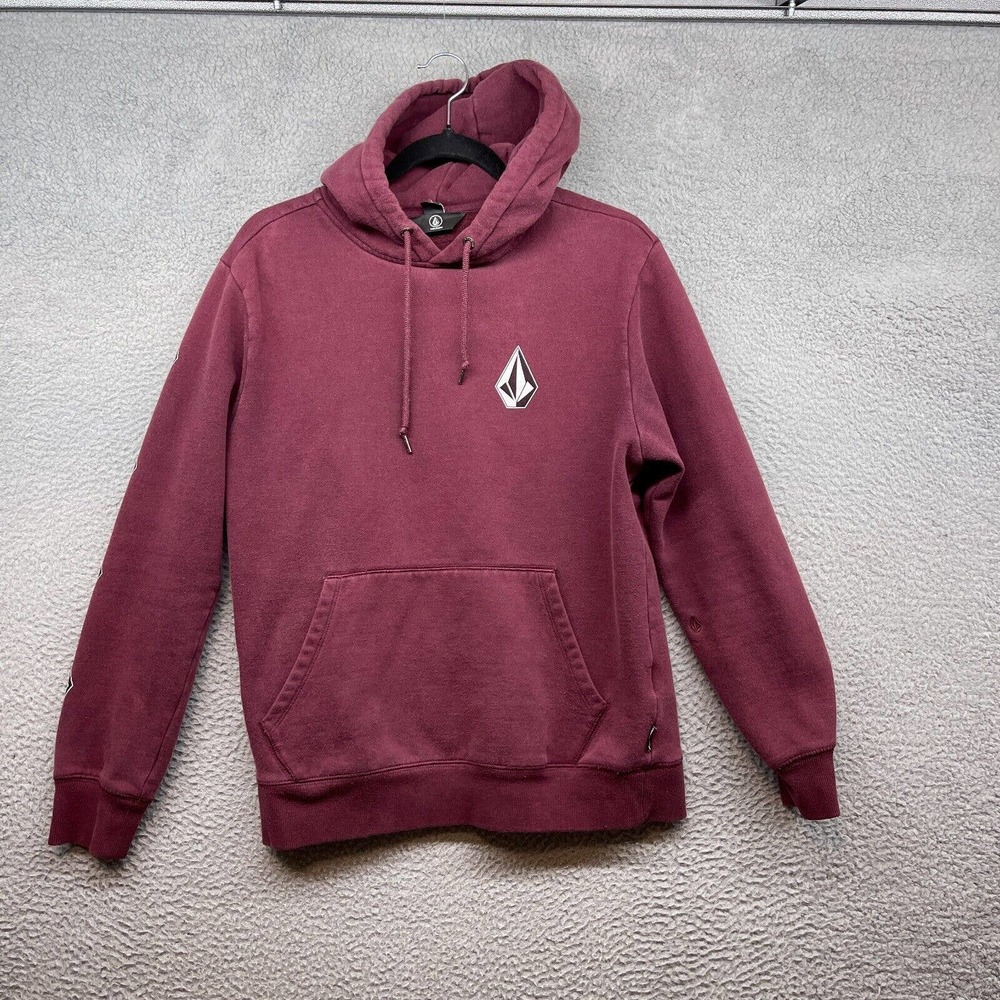Volcom Men Hooded Sweater Red Long Sleeve Drawstring Pocket Pullover Logo Size M